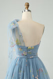 A Line One Shoulder Grey Blue Tulle Homecoming Dress with Floral Embroidery