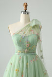 Light Green A Line One Shoulder Tulle Homecoming Dress with Floral Embroidery