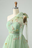 Light Green A Line One Shoulder Tulle Homecoming Dress with Floral Embroidery