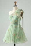 Light Green A Line One Shoulder Tulle Homecoming Dress with Floral Embroidery