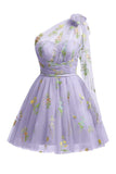 A Line One Shoulder Grey Blue Tulle Homecoming Dress with Floral Embroidery