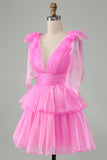 Cute Hot Pink A Line V Neck Backless Pleated Tiered Short Homecoming Dress