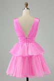 Cute Hot Pink A Line V Neck Backless Pleated Tiered Short Homecoming Dress
