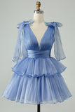 Cute Sky Blue A Line V Neck Backless Pleated Tiered Short Homecoming Dress