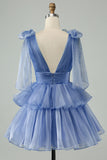 Cute Sky Blue A Line V Neck Backless Pleated Tiered Short Homecoming Dress