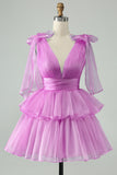 Cute Hot Pink A Line V Neck Backless Pleated Tiered Short Homecoming Dress