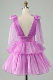 Cute Hot Pink A Line V Neck Backless Pleated Tiered Short Homecoming Dress