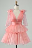 Cute Hot Pink A Line V Neck Backless Pleated Tiered Short Homecoming Dress