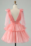 Cute Hot Pink A Line V Neck Backless Pleated Tiered Short Homecoming Dress