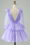 Cute Sky Blue A Line V Neck Backless Pleated Tiered Short Homecoming Dress