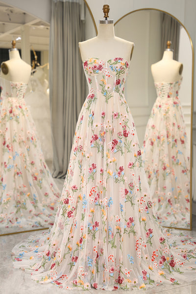 WEDTREND Women Ivory Flower Prom Dress A-Line Sweetheart Long Corset ...