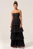 Black A-Line Sweetheart Tiered Chiffon Floor Length Wedding Party Dress