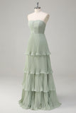 Sky Blue A-Line Sweetheart Tiered Floor Length Chiffon Bridesmaid Dress