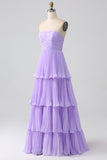 Sky Blue A-Line Sweetheart Tiered Floor Length Chiffon Bridesmaid Dress