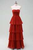 Rust A-Line Sweetheart Tiered Floor Length Chiffon Bridesmaid Dress