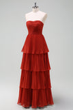 Rust A-Line Sweetheart Tiered Floor Length Chiffon Bridesmaid Dress