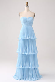 Sky Blue A-Line Sweetheart Tiered Floor Length Chiffon Bridesmaid Dress