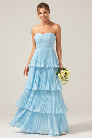 A-Line Sweetheart Tiered Floor Length Chiffon Sky Blue Bridesmaid Dress