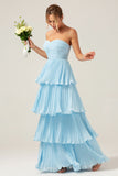 Sky Blue A-Line Sweetheart Tiered Floor Length Chiffon Bridesmaid Dress