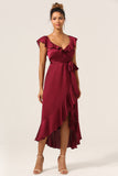 Burgundy Asymmetrical V-Neck Long Bridesmaid Dress with Ruffles