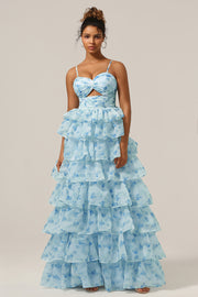 Blue Flower A-Line Spaghetti Straps Tiered Floor Length Dress