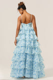 A-Line Blue Flower Spaghetti Straps Tiered Floor Length Dress