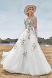 Ivory Flower A-Line Round Neck Sweep Train Wedding Dress with Long Sleeves