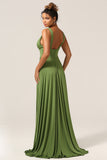 Olive A-Line Deep V-neck Spandex Floor Length Bridesmaid Dress with Slit