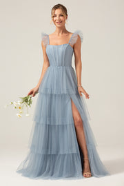 Dusty Blue A Line Spaghetti Straps Floor Length Tulle Bridesmaid Dress