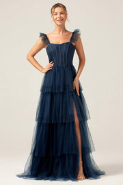 Navy A Line Spaghetti Straps Tiered Floor Length Tulle Bridesmaid Dress