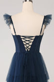 A Line Spaghetti Straps Tiered Tulle Long Navy Bridesmaid Dress With Slit