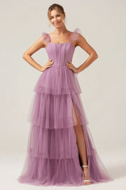 A Line Spaghetti Straps Tiered Floor Length Tulle Purple Bridesmaid Dress