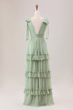 Dusty Sage A Line V-Neck Knitted Chiffon Long Bridesmaid Dress With Ruffles