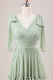 Dusty Sage A Line V-Neck Knitted Chiffon Long Bridesmaid Dress With Ruffles