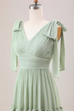 Dusty Sage A Line V-Neck Knitted Chiffon Long Bridesmaid Dress With Ruffles