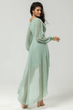 A Line V Neck Chiffon Matcha Bridesmaid Dress With Long Sleeves