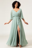 Matcha A Line V Neck Pleated Long Chiffon Bridesmaid Dress with Slit