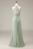 Matcha Sheath Halter Neck Pleated Bridesmaid Dress with Slit