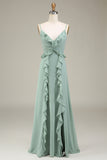 Matcha Spaghetti Straps Chiffon Bohemian Bridesmaid Dress With Ruffle Slit