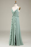 Matcha Spaghetti Straps Chiffon Bohemian Bridesmaid Dress With Ruffle Slit