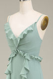 Matcha Spaghetti Straps Chiffon Bohemian Bridesmaid Dress With Ruffle Slit