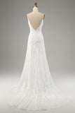 Ivory Mermaid Spaghetti Straps Long Wedding Dress with Slit