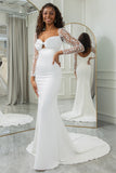 Ivory Mermaid Square Neck Satin Wedding Dress with Lace Long Sleeves