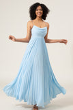 Sky Blue  A-Line Cowl Neck Pleated Open Back Chiffon Bridesmaid Dress