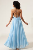 Sky Blue  A-Line Cowl Neck Pleated Open Back Chiffon Bridesmaid Dress