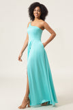 Jade A-Line One Shoulder Floor Length Chiffon Bridesmaid Dress With Slit