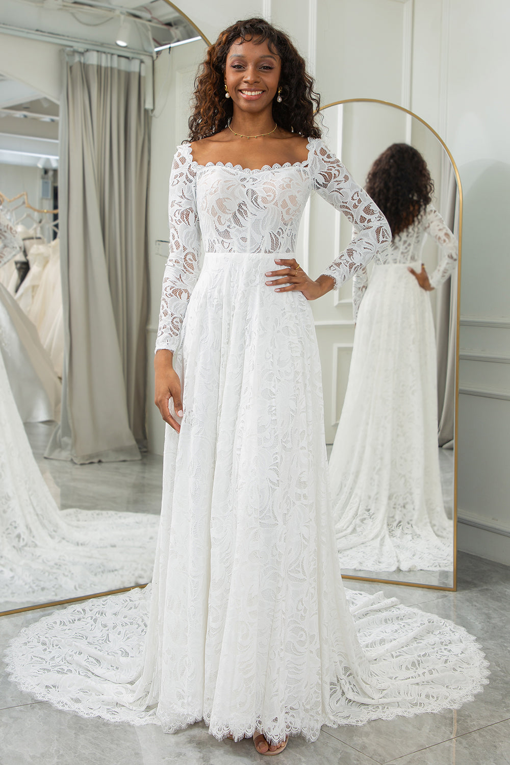 Square-neck wedding dress with long sleeves
