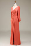 Terracotta A Line V-Neck Satin Bridesmaid Dress With Slit