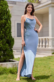 Dusty Blue Sheath Spaghetti Straps Backless Long Satin Bridesmaid Dress