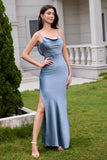 Dusty Blue Sheath Spaghetti Straps Backless Long Satin Bridesmaid Dress